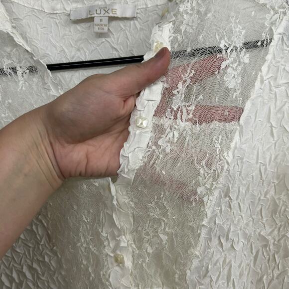 White Lace Pleated Sheer Blouse S Romantic Victorian Cottagecore‎ Layering Top - Picture 3 of 12